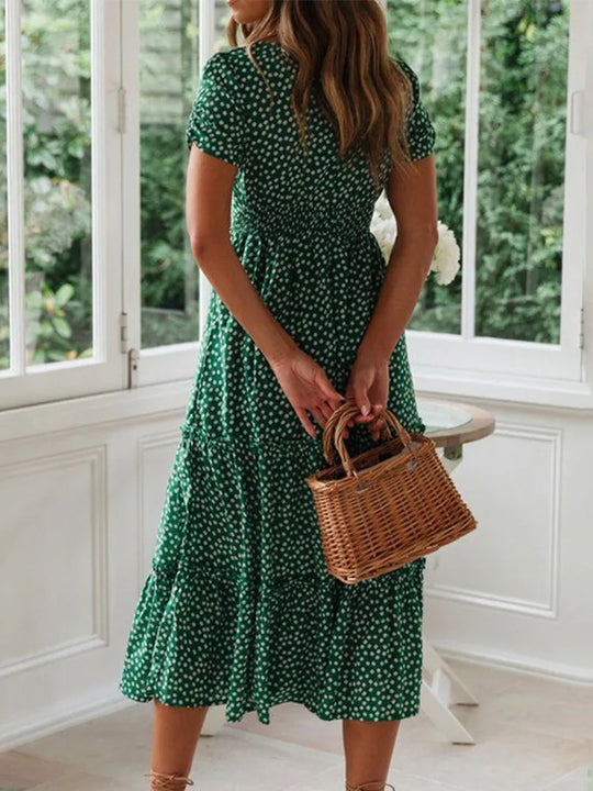 Robe longue fleurie à manches bouffantes et col carré pour femme