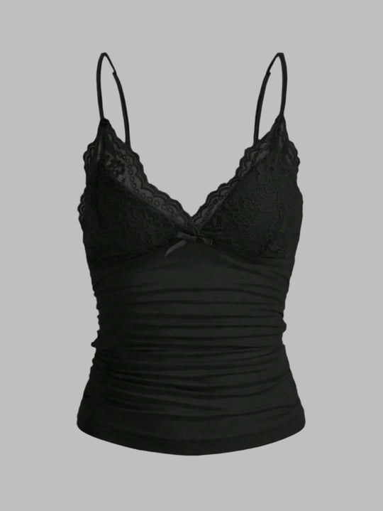 Top court à bretelles et nœud en dentelle contrastée pour femme