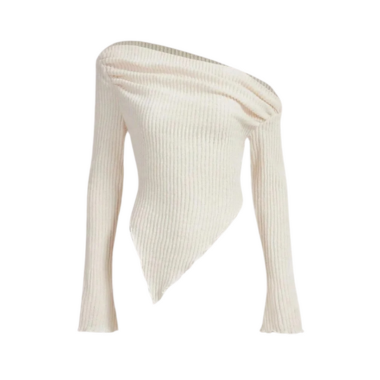 Pull décontracté côtelé à col asymétrique
