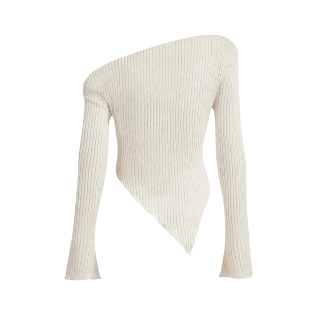 Pull décontracté côtelé à col asymétrique
