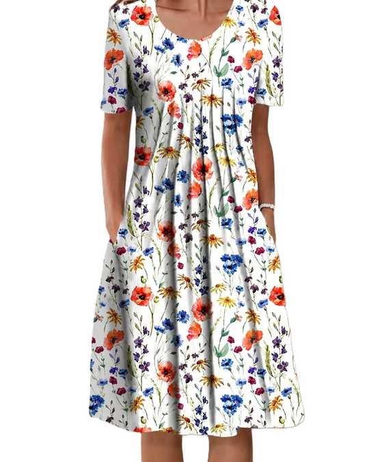Robe Femme Midi Florale Fluide à Manches Courtes Été