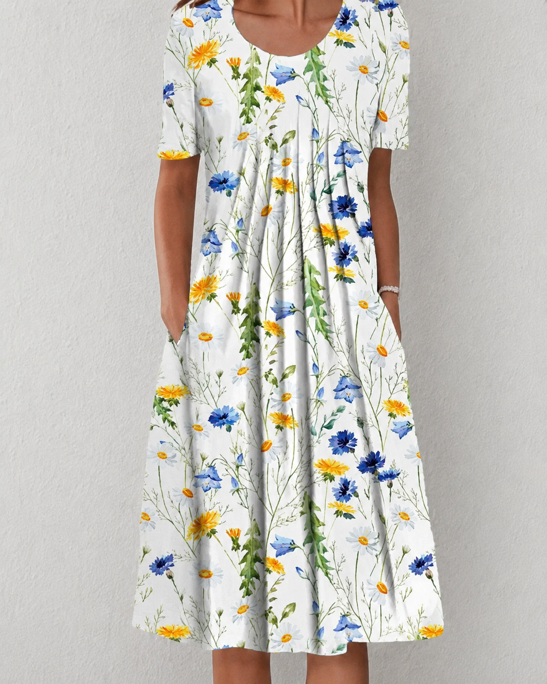 Robe Femme Midi Florale Fluide à Manches Courtes Été