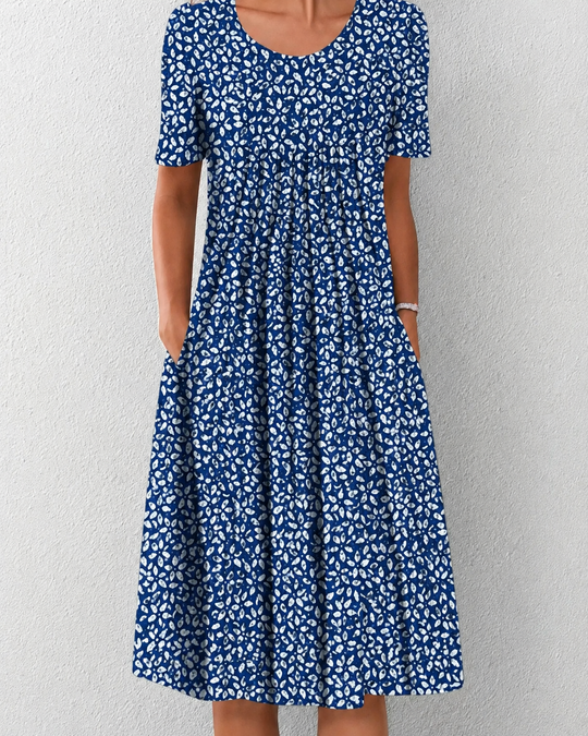 Robe Femme Midi Florale Fluide à Manches Courtes Été