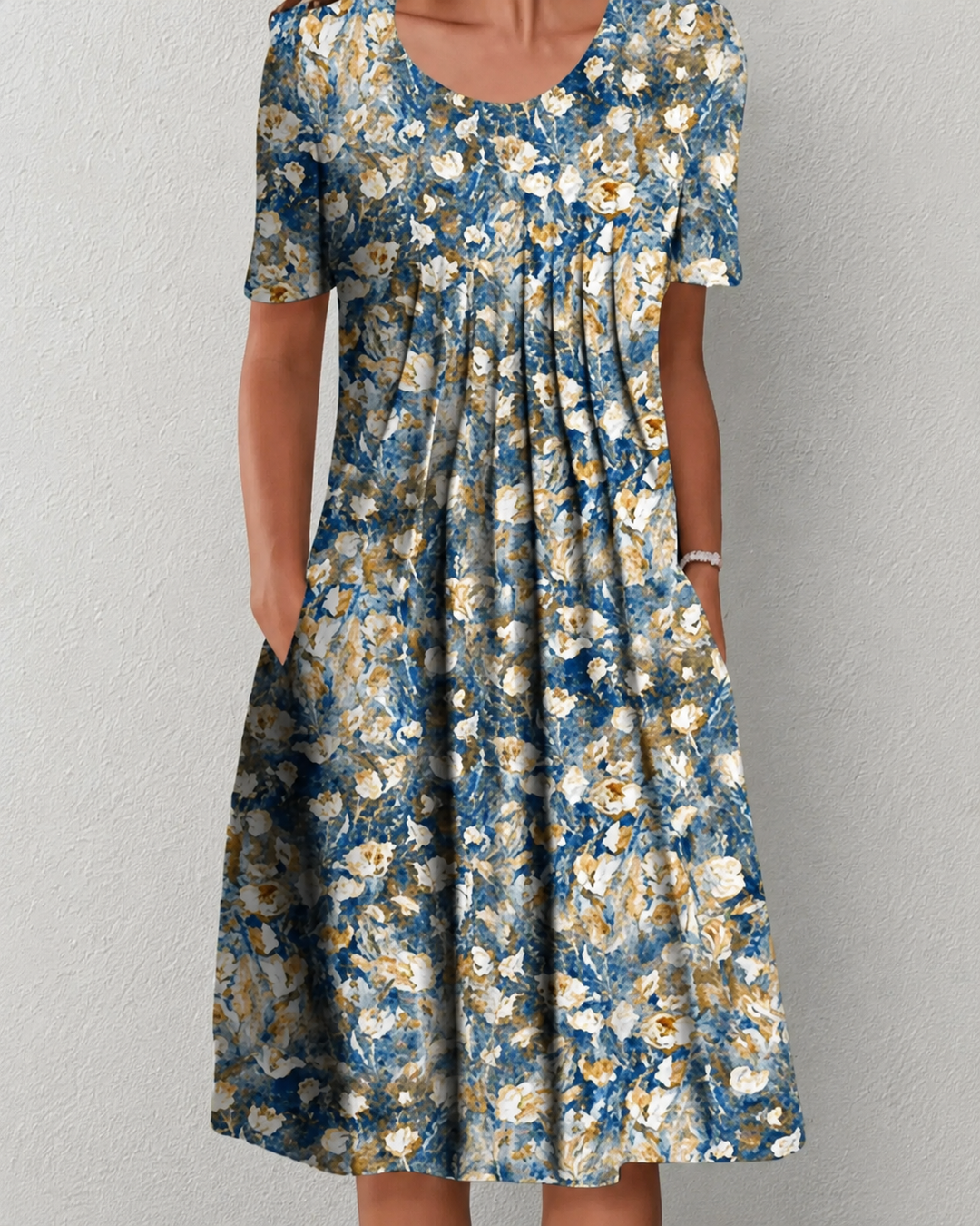 Robe Femme Midi Florale Fluide à Manches Courtes Été