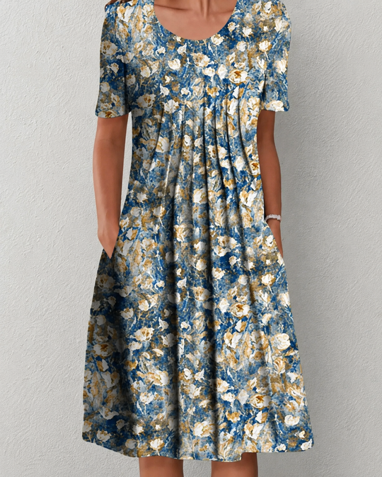 Robe Femme Midi Florale Fluide à Manches Courtes Été