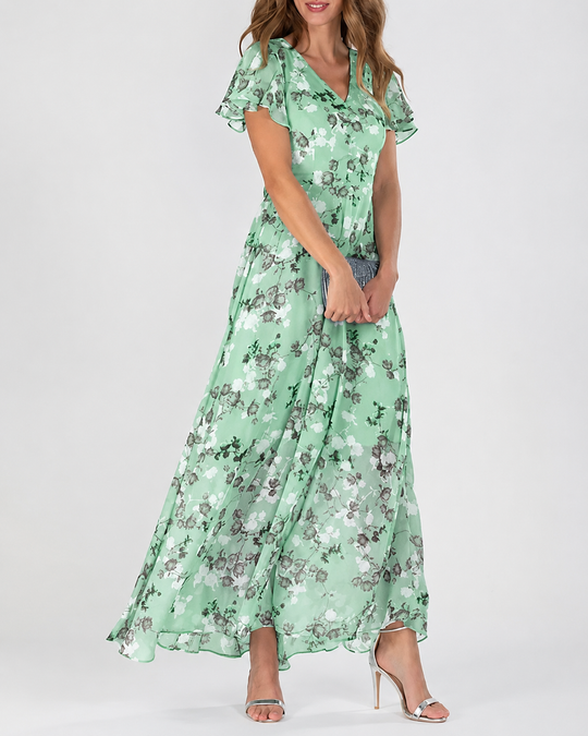 Robe Longue Maxi Pour Femme Imprimé Floral Col En V Manches Courtes Flatteuses