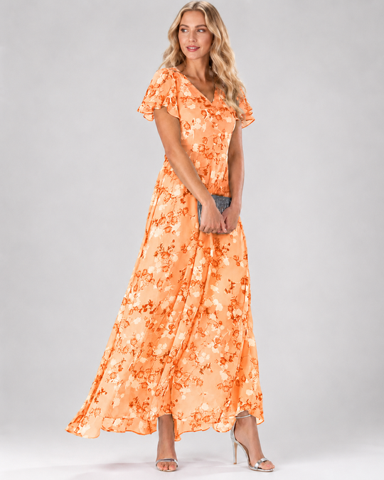 Robe Longue Maxi Pour Femme Imprimé Floral Col En V Manches Courtes Flatteuses