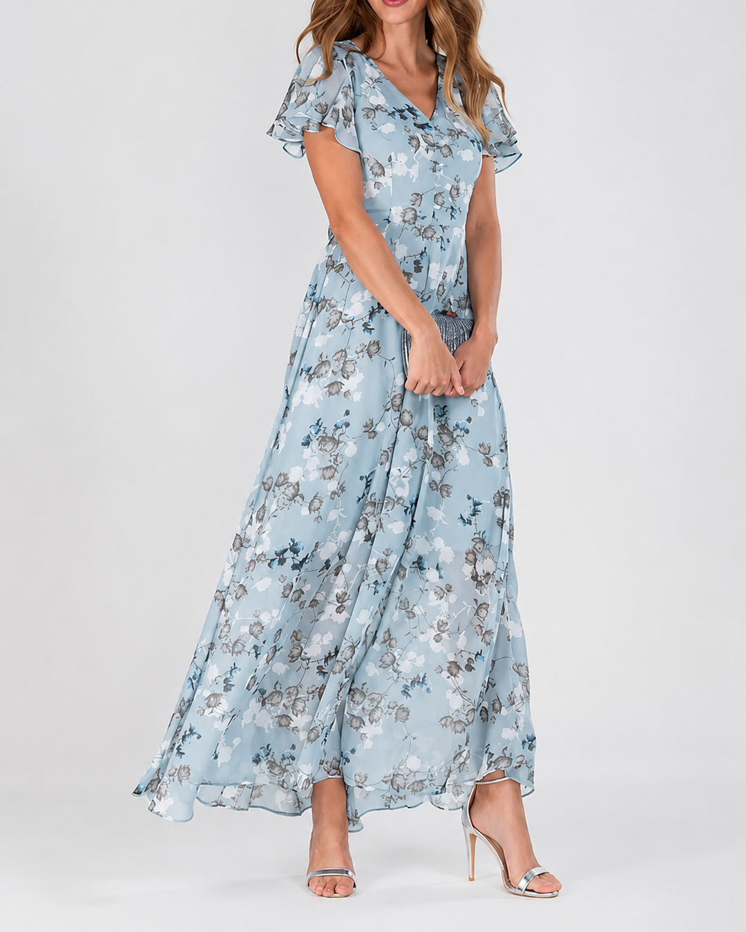 Robe Longue Maxi Pour Femme Imprimé Floral Col En V Manches Courtes Flatteuses