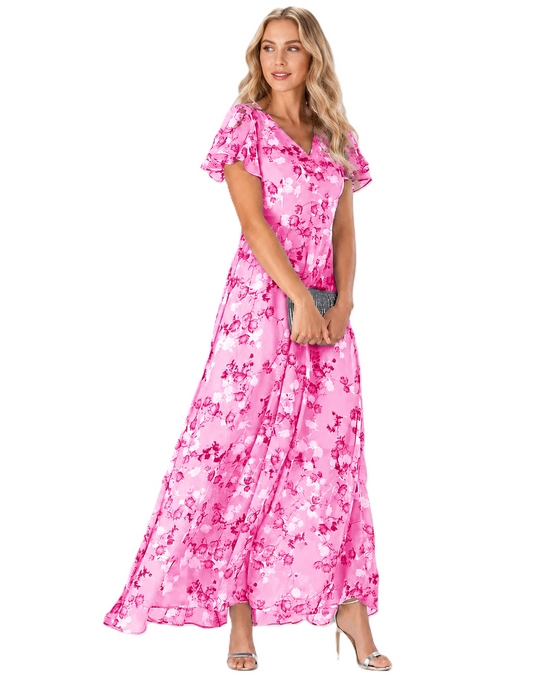 Robe Longue Maxi Pour Femme Imprimé Floral Col En V Manches Courtes Flatteuses