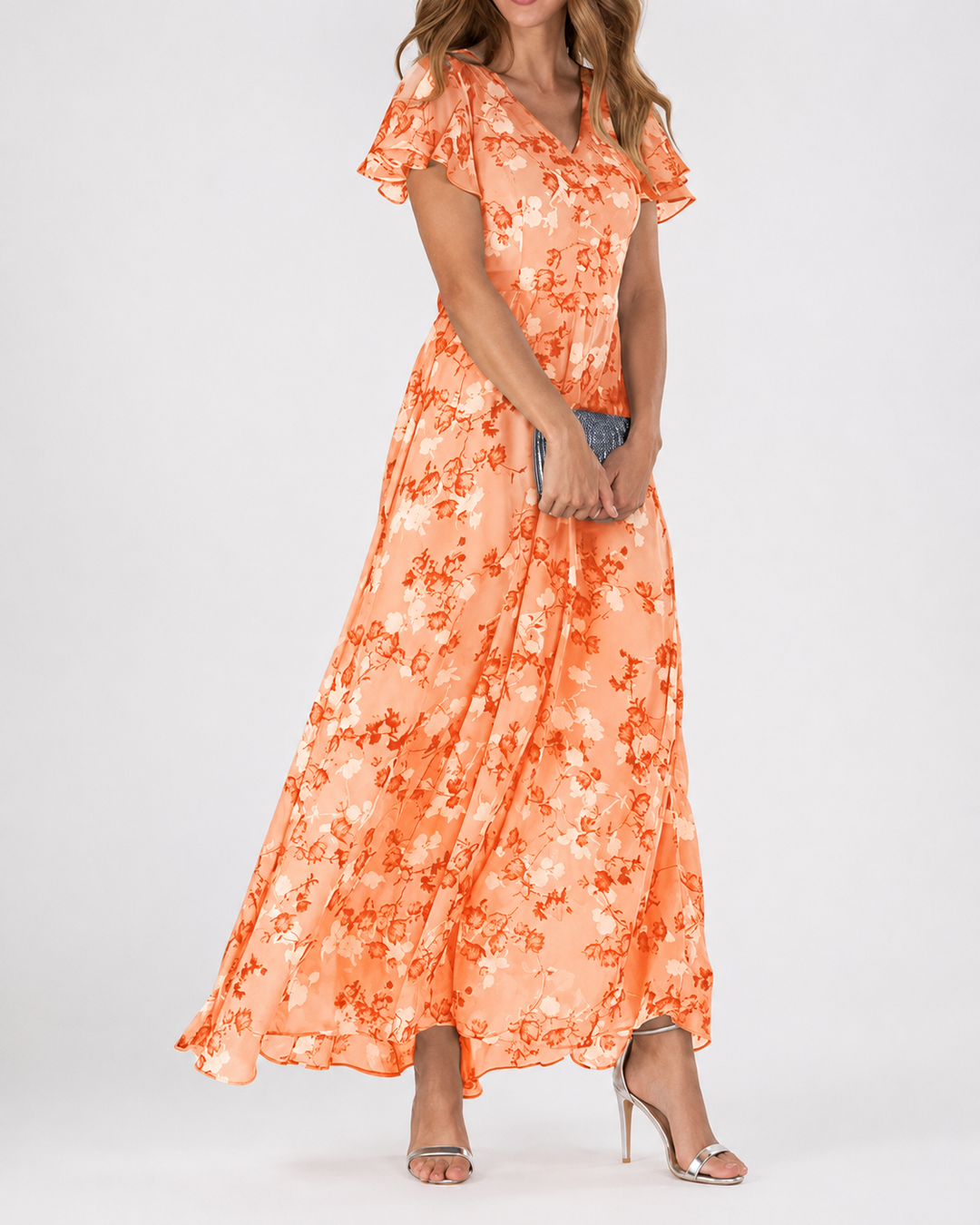 Robe Longue Maxi Pour Femme Imprimé Floral Col En V Manches Courtes Flatteuses