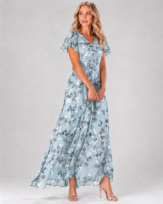 Robe Longue Maxi Pour Femme Imprimé Floral Col En V Manches Courtes Flatteuses