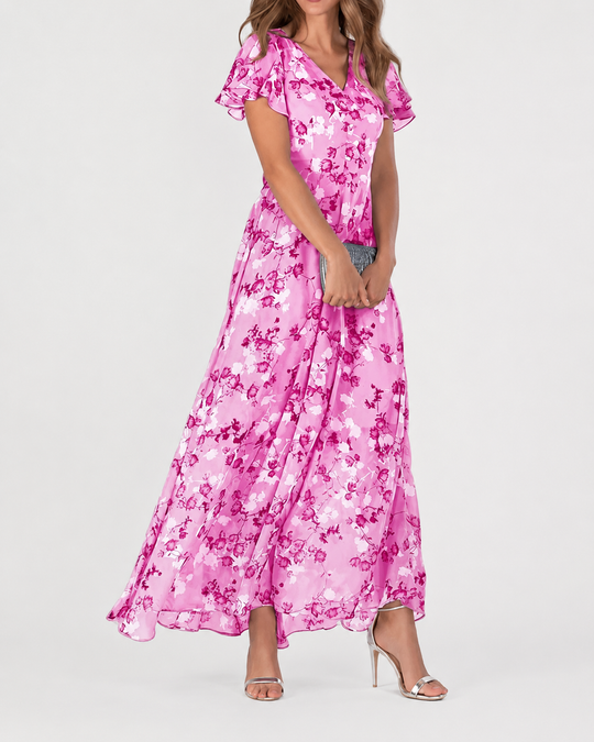 Robe Longue Maxi Pour Femme Imprimé Floral Col En V Manches Courtes Flatteuses