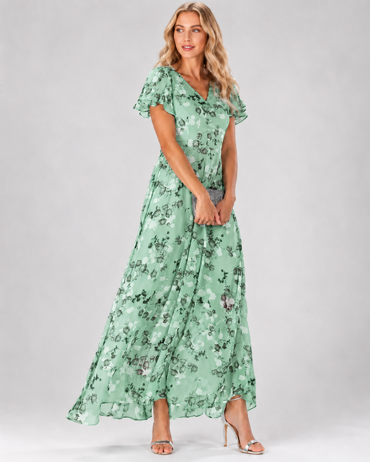 Robe Longue Maxi Pour Femme Imprimé Floral Col En V Manches Courtes Flatteuses