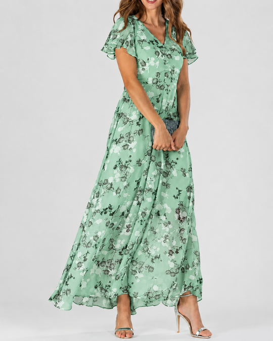 Robe Maxi Femme Imprimé Floral Décolleté en V Manches Courtes