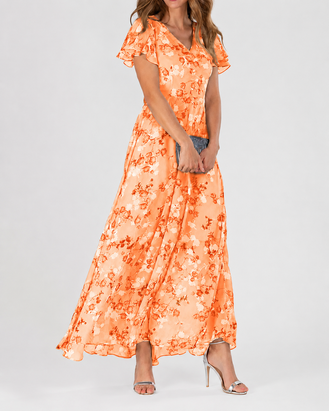 Robe Maxi Femme Imprimé Floral Décolleté en V Manches Courtes