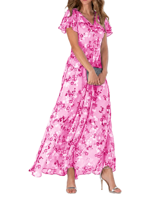 Robe Maxi Femme Imprimé Floral Décolleté en V Manches Courtes