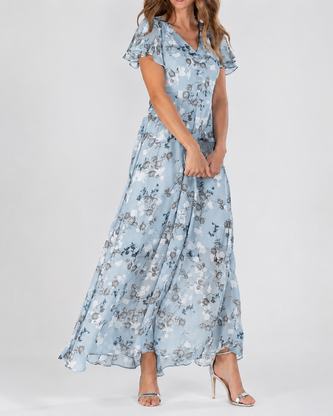 Robe Maxi Femme Imprimé Floral Décolleté en V Manches Courtes