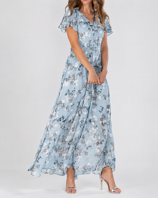 Robe Maxi Femme Imprimé Floral Décolleté en V Manches Courtes