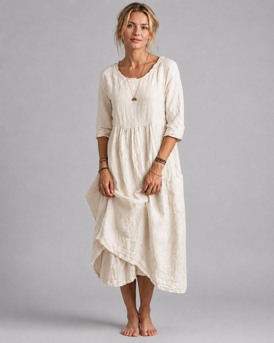 Robe Midi Femme Style Vintage en Coton et Lin