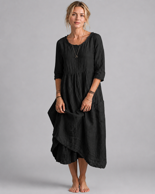 Robe Midi Femme Style Vintage en Coton et Lin