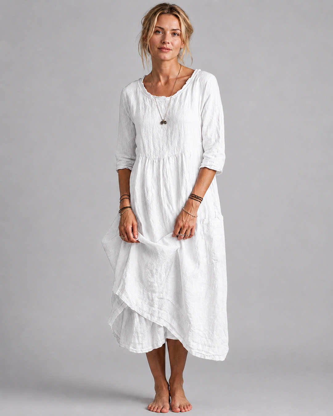 Robe Midi Femme Style Vintage en Coton et Lin
