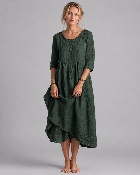 Robe Midi Femme Style Vintage en Coton et Lin