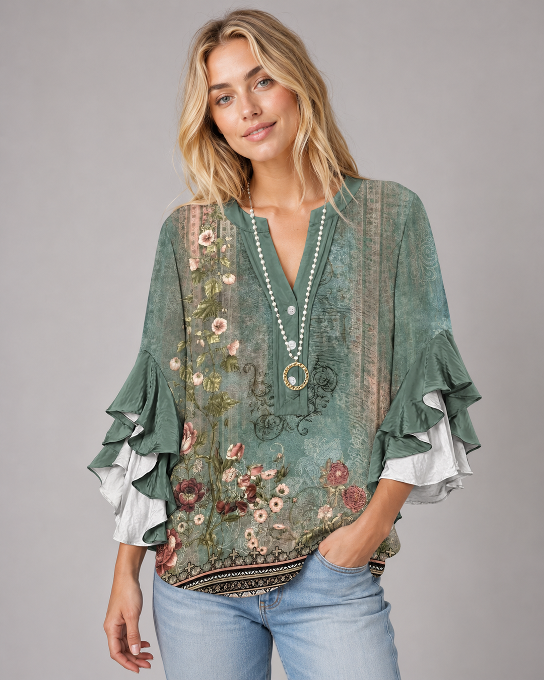 T-Shirt Femme Floral à Ourlets Volants