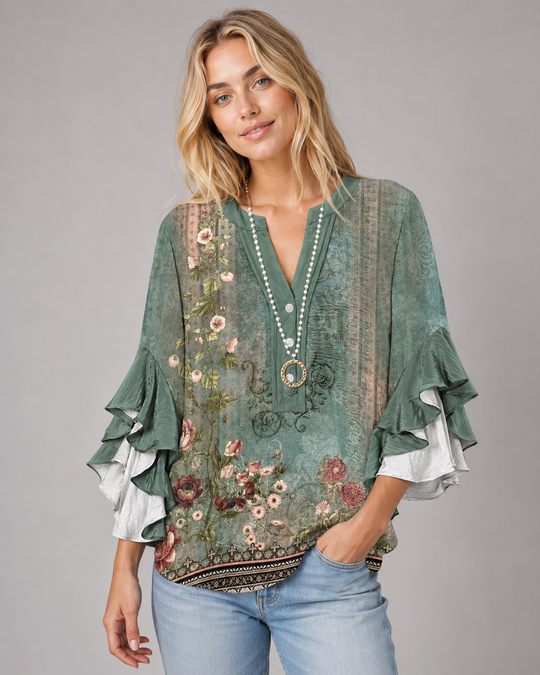 T-Shirt Femme Floral à Ourlets Volants