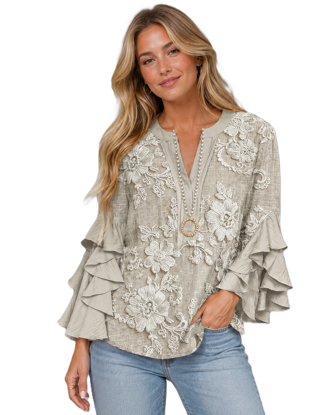T-Shirt Femme Floral à Ourlets Volants