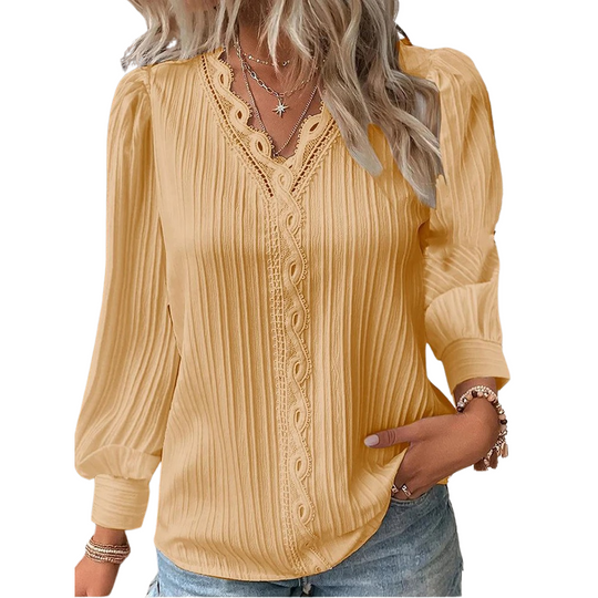 Chemise à col en V cousue en dentelle pour femmes