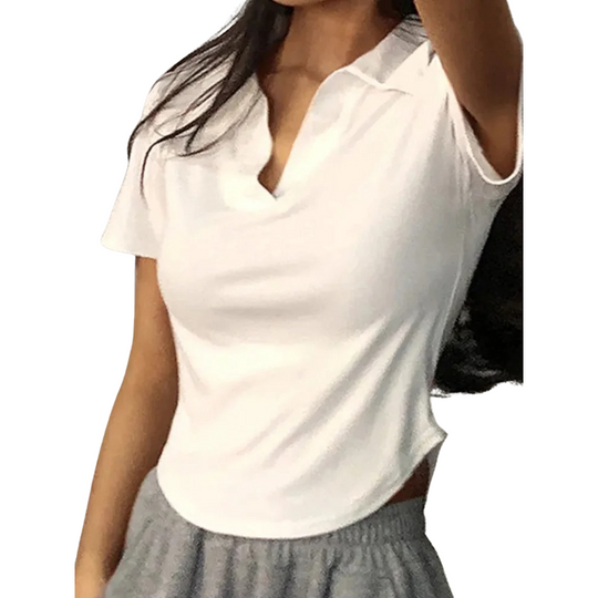 Haut à col en V et manches courtes pour femme