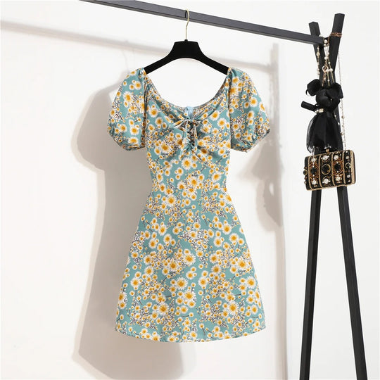 Mini-robe à manches bouffantes en mousseline à fleurs pour femmes