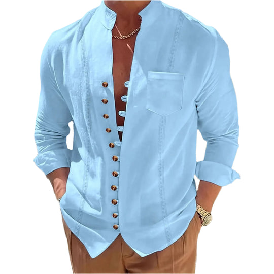Chemise en coton et lin à col montant pour homme