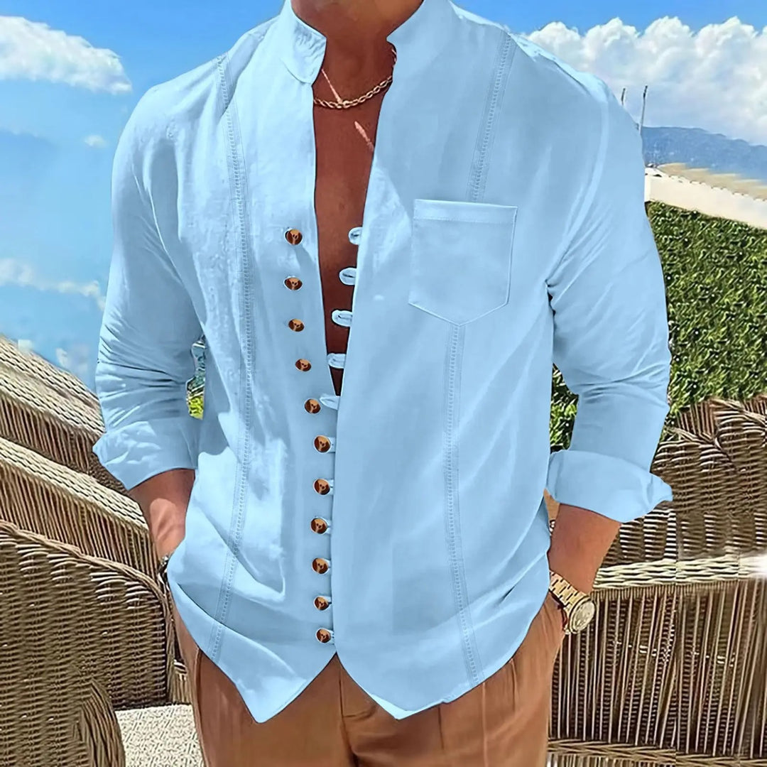 Chemise en coton et lin à col montant pour homme