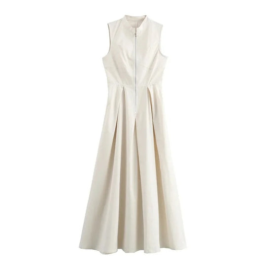 Robe mi-longue moulante plissée sans manches à fermeture éclair pour femme