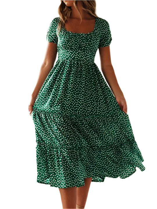 Robe longue fleurie à manches bouffantes et col carré pour femme