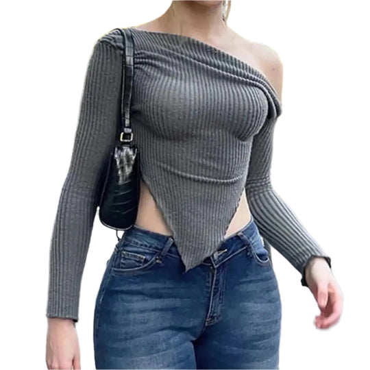 Pull décontracté côtelé à col asymétrique