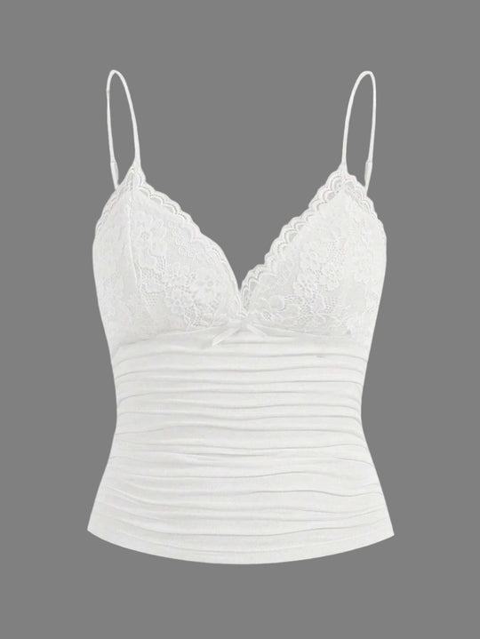 Top court à bretelles et nœud en dentelle contrastée pour femme