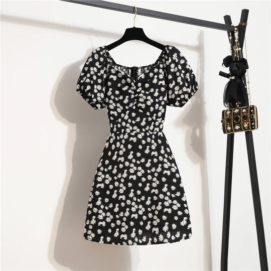 Mini-robe à manches bouffantes en mousseline à fleurs pour femmes