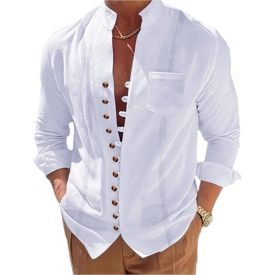 Chemise en coton et lin à col montant pour homme