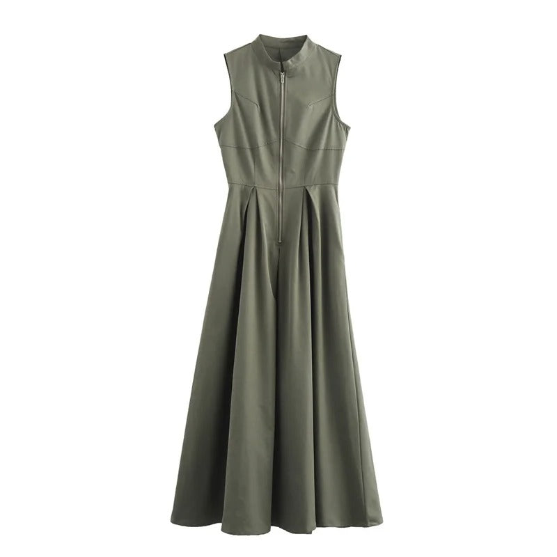 Robe mi-longue moulante plissée sans manches à fermeture éclair pour femme