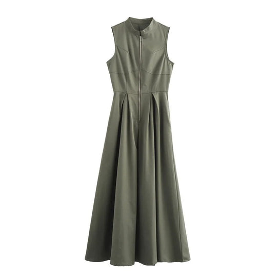 Robe mi-longue moulante plissée sans manches à fermeture éclair pour femme