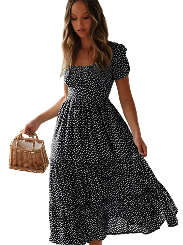 Robe longue fleurie à manches bouffantes et col carré pour femme