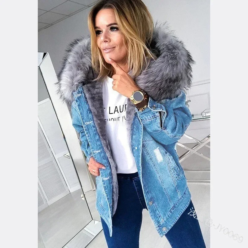 Veste en jean à col en fourrure pour femmes