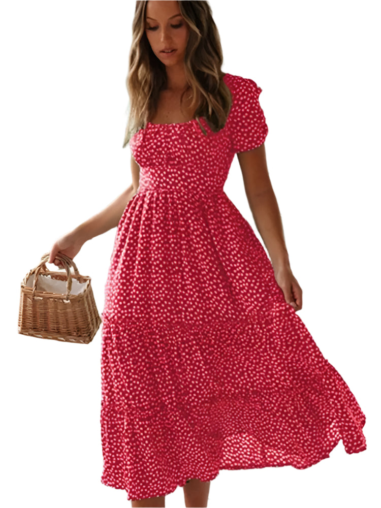 Robe longue fleurie à manches bouffantes et col carré pour femme