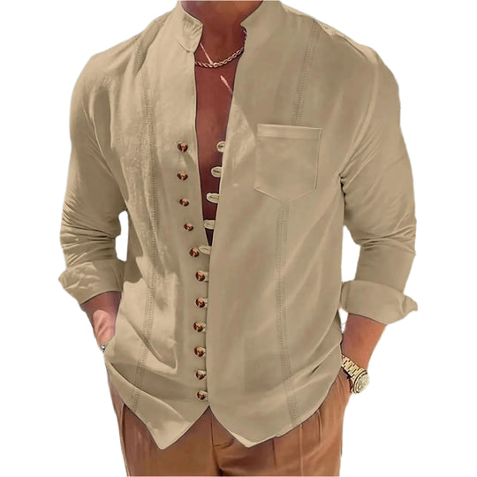 Chemise en coton et lin à col montant pour homme