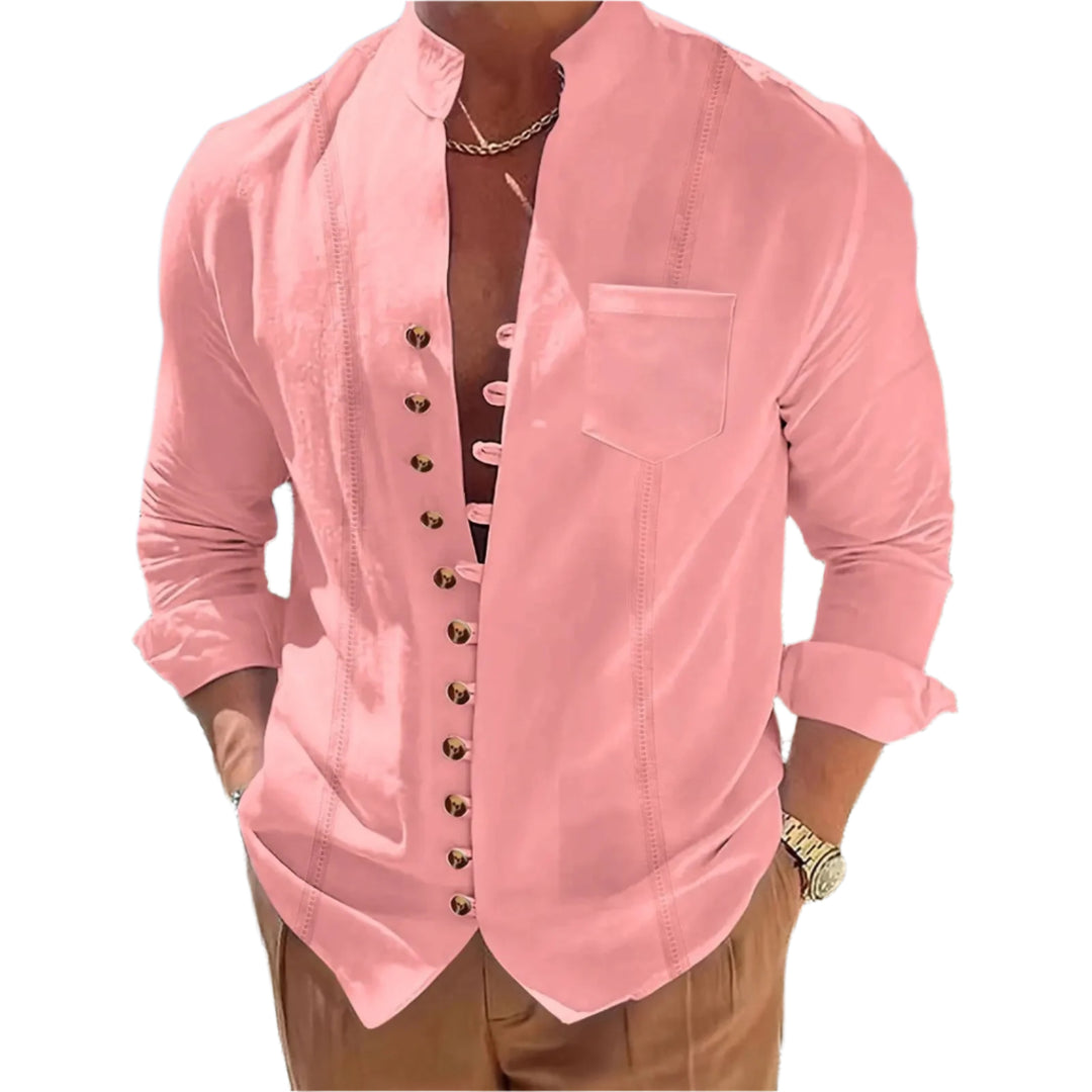 Chemise en coton et lin à col montant pour homme