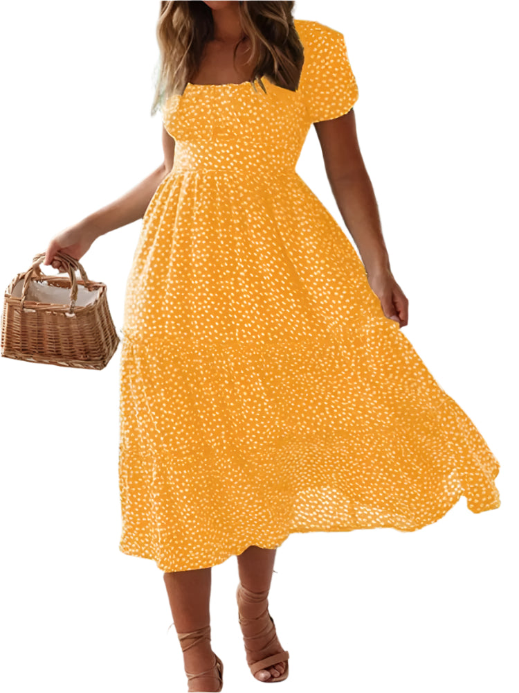 Robe longue fleurie à manches bouffantes et col carré pour femme