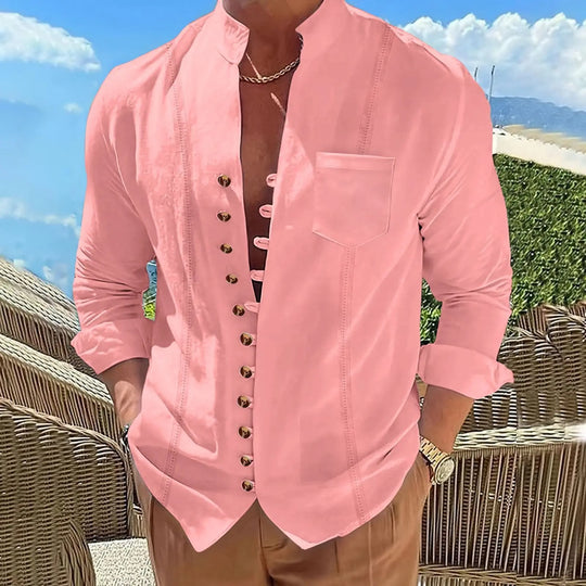 Chemise en coton et lin à col montant pour homme