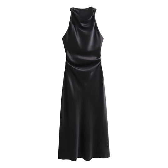 Robe mi-longue en satin pour femme